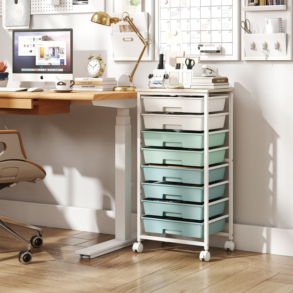 Rolling Cart with 8 Drawers and Wooden Tabletop with Lockable Wheels for Home Office-Green Gradient + Natural - Gallery View 1 of 9