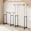Rolling clothes rack with adjustable height from 42" to 69", featuring double rods for optimal garment organization.