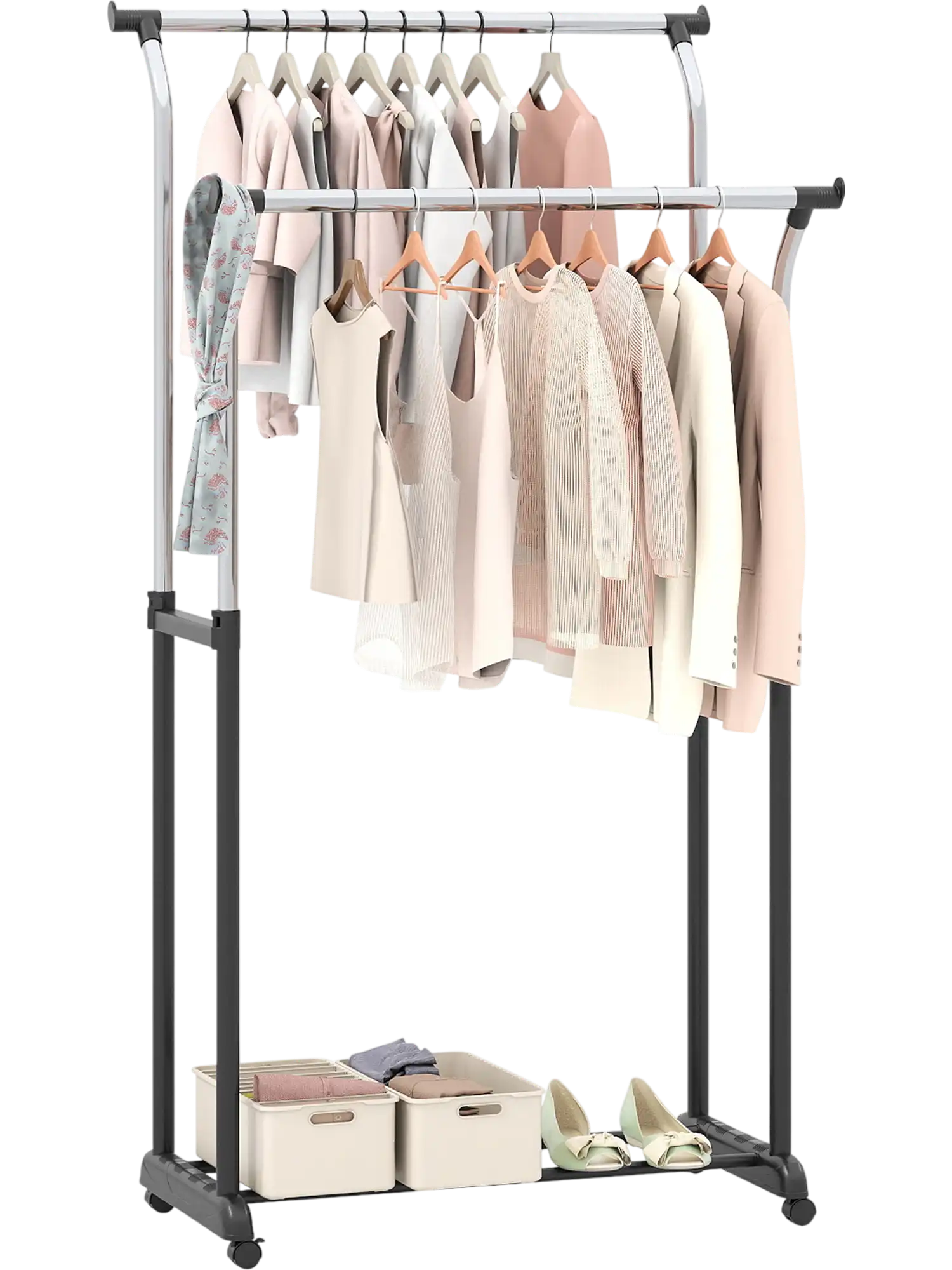 Costway Double Rod Rolling Clothes Rack Adjustable Height Garment Rack 81330377 New