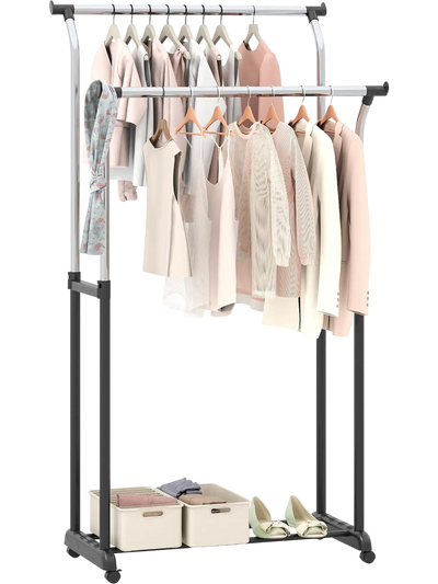 Costway Double Rod Rolling Clothes Rack Adjustable Height Garment Rack 81330377 New