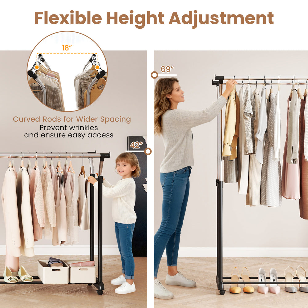 Rolling clothes rack with adjustable height from 42" to 69", featuring double rods and smooth-rolling casters for easy.