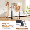 Rolling clothes rack with double rods, adjustable height, and 4 smooth-rolling casters for easy mobility and stability.