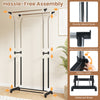 Double rod garment rack with adjustable height, sturdy metal pipes, and smooth-rolling casters for easy mobility.