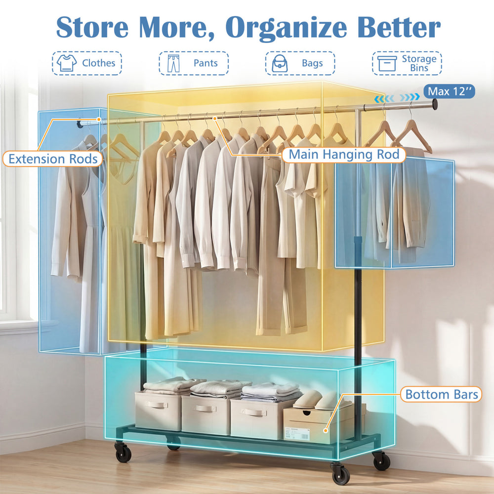 Rolling clothes rack with extendable rods and bottom storage bars, ideal for organizing clothes in any room.