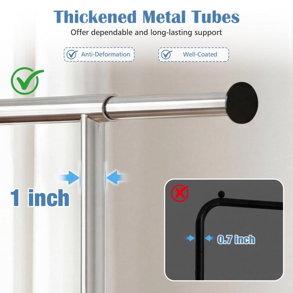 Close-up of thickened metal tubes on a rolling clothes rack, showcasing 1-inch diameter for strong support and.