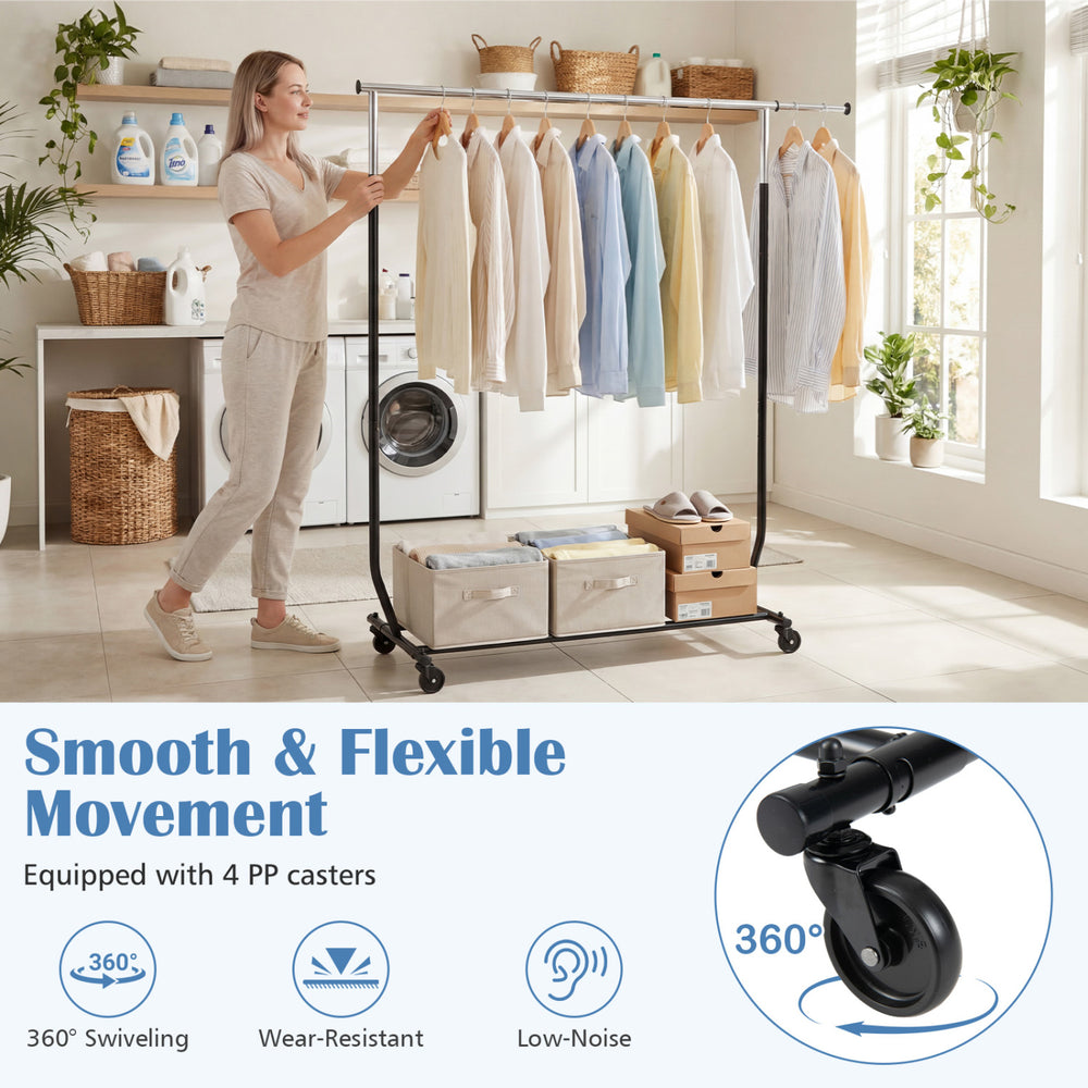 Extendable rolling clothes rack with 4 casters for smooth mobility, featuring thickened metal tubes and extra storage.