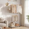 Double-rod rolling clothes rack with extendable top rod, adjustable height, and extra storage for versatile use.