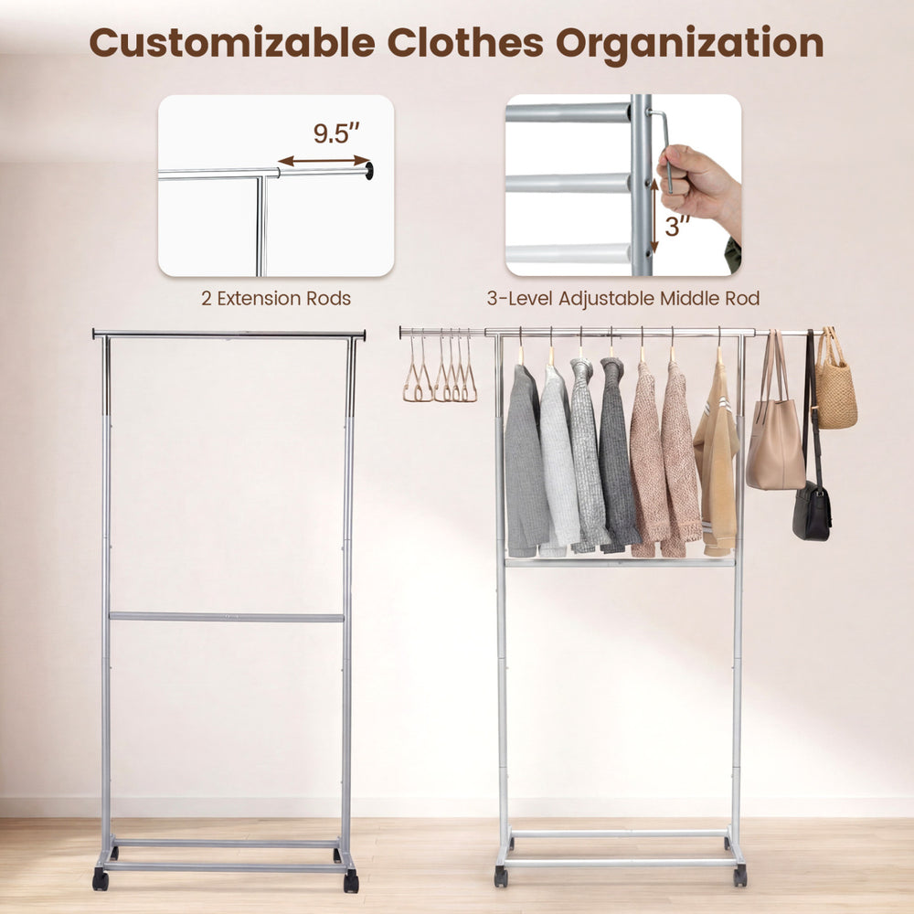 Rolling clothes rack with double rods, adjustable height, and wheels for easy mobility, ideal for laundry rooms and.
