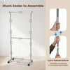 Rolling clothes rack with double-rod design, adjustable height, and quick-release buttons for easy assembly and.
