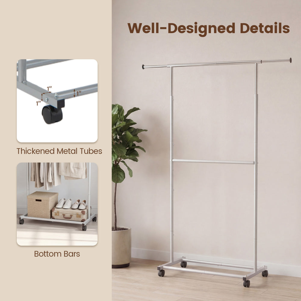 Rolling clothes rack with double rods, adjustable height, and thickened metal tubes for versatile storage and mobility.