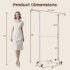 Double-rod extendable garment stand with adjustable height, shown with dimensions for versatile clothing storage.
