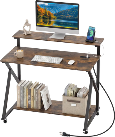 Costway Rolling Computer Desk with Charging Station Monitor Shelf Storage 91059696 New