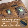 Rolling computer desk in rustic brown with built-in charging station, 2 AC outlets, USB and Type-C ports for home.