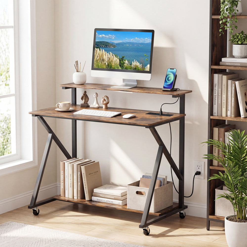 Rolling computer desk in rustic brown with monitor shelf, built-in charging station, and ample storage for home office.