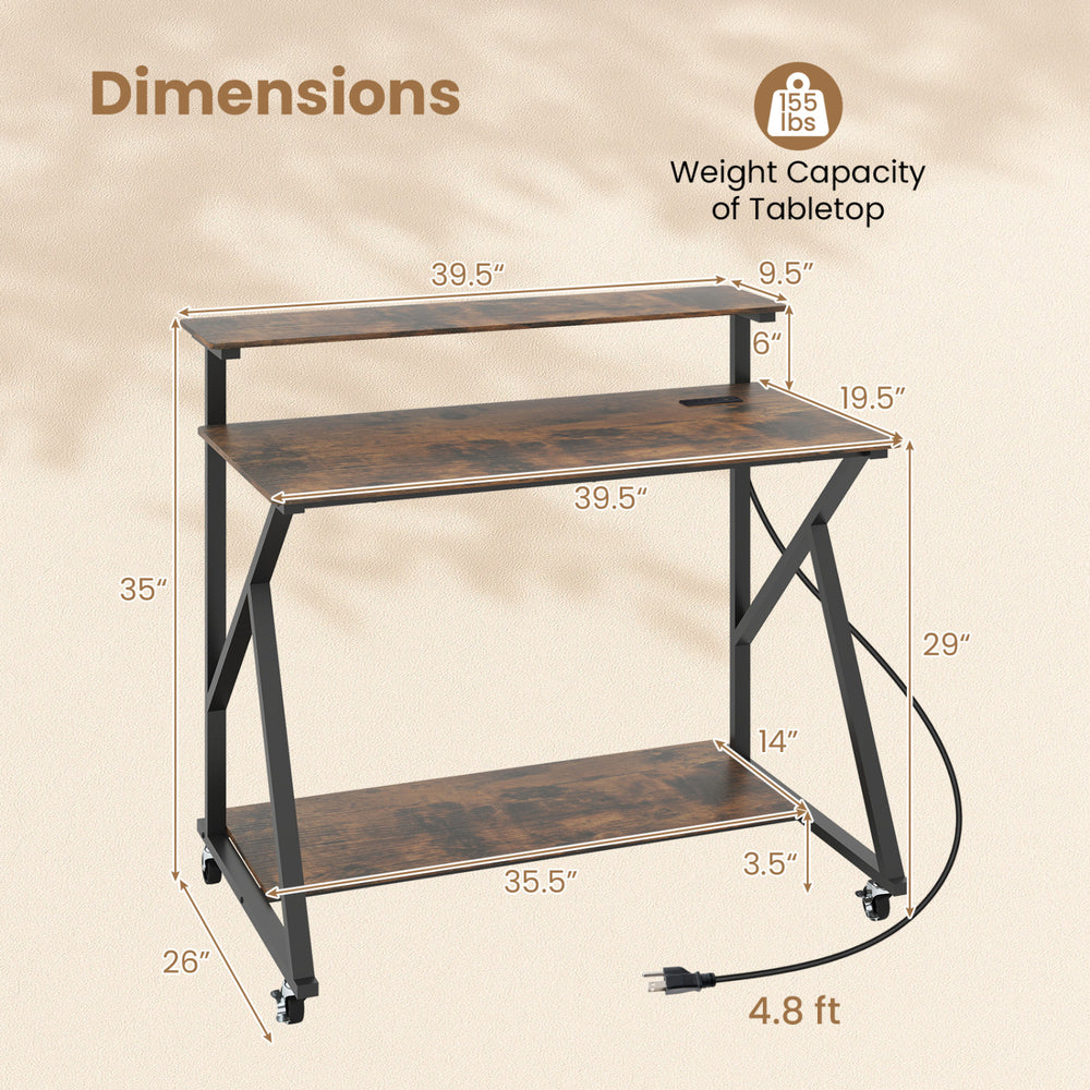 Rolling computer desk in rustic brown with charging station, 2-tier design, and dimensions for home office use.
