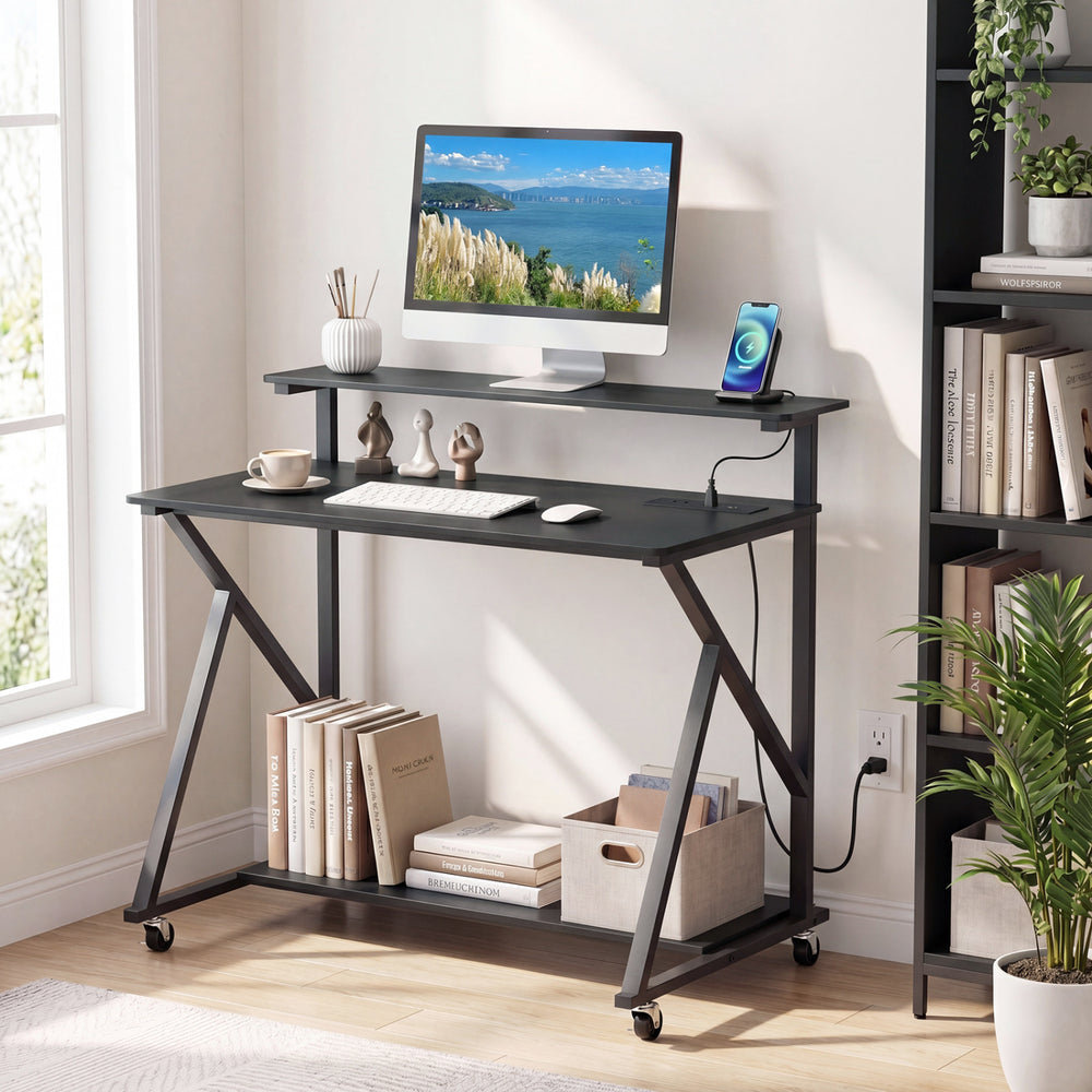 Rolling Computer Desk with Charging Station and Monitor Shelf Storage for Home Office-Black - Gallery View 1 of 10