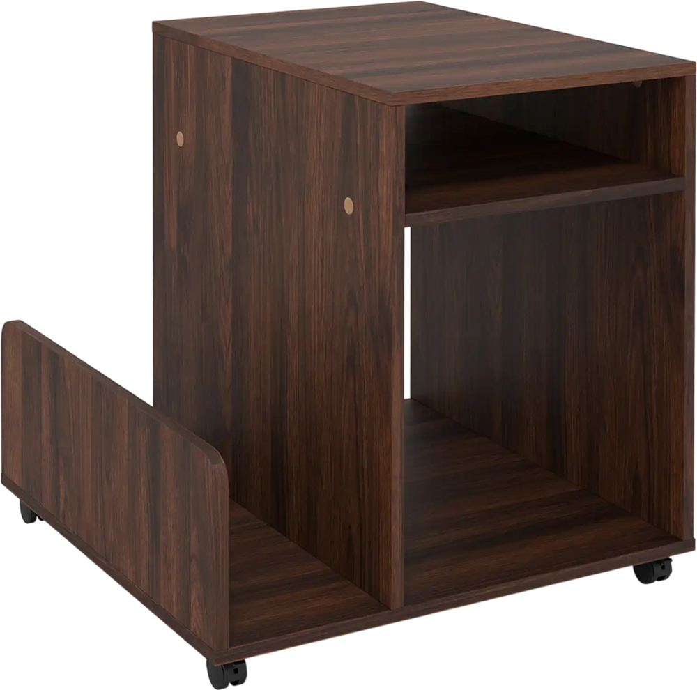 Rolling end table in brown with 3 tiers, side storage rack, and wheels for easy mobility in compact spaces.