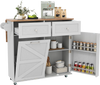 Rolling kitchen island in grey with drop leaf top, storage drawers, and trash can cabinet on rubber wheels for easy.