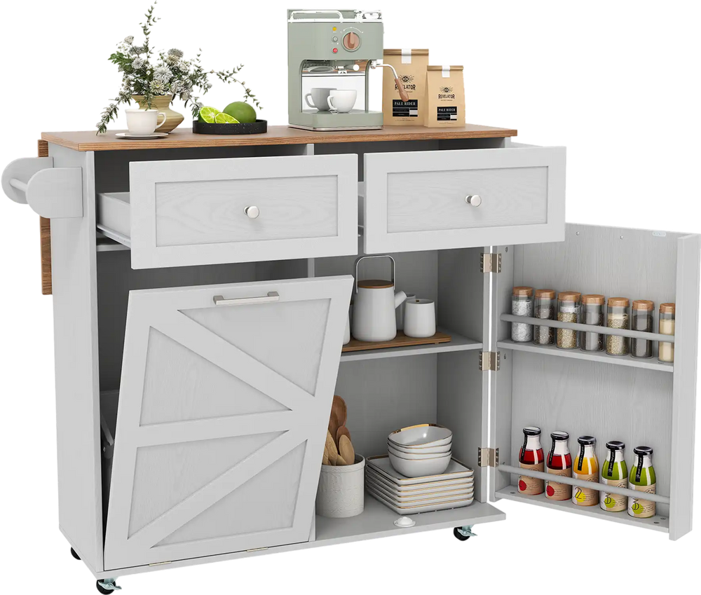 Rolling kitchen island in grey with drop leaf top, storage drawers, and trash can cabinet on rubber wheels for easy.
