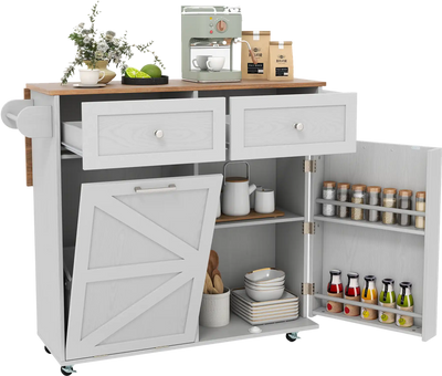 Costway Rolling Kitchen Island Cart Trash Can Cabinet Rubber Wheels 589462137 New