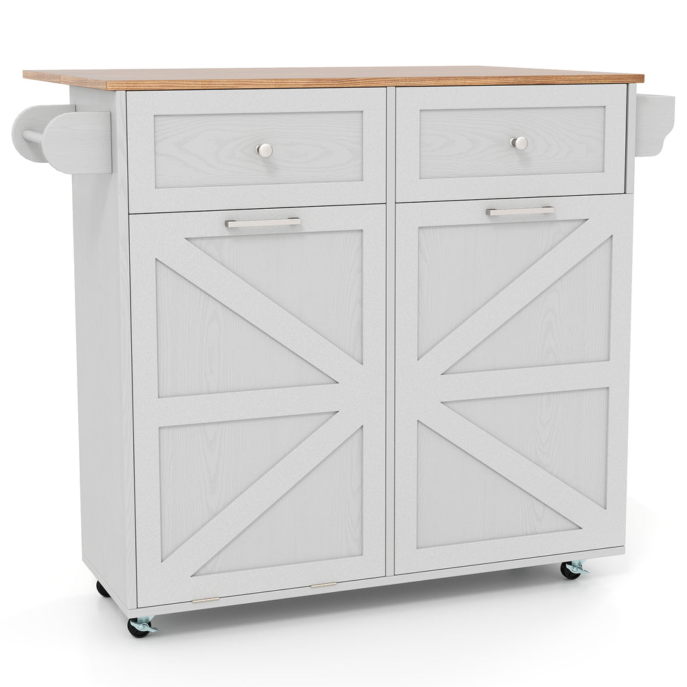 Rolling kitchen island in grey with drop leaf top, two drawers, and tilt-out trash cabinet on rubber wheels for easy.