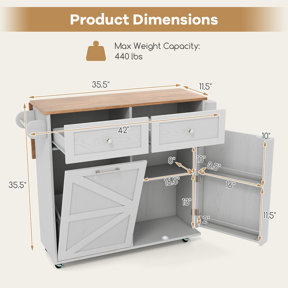 Rolling kitchen island dimensions with a spacious top, trash can cabinet, and rubber wheels for easy mobility.