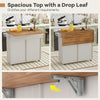 Rolling kitchen island with a spacious drop leaf top, grey finish, and rubber wheels for easy mobility and storage.