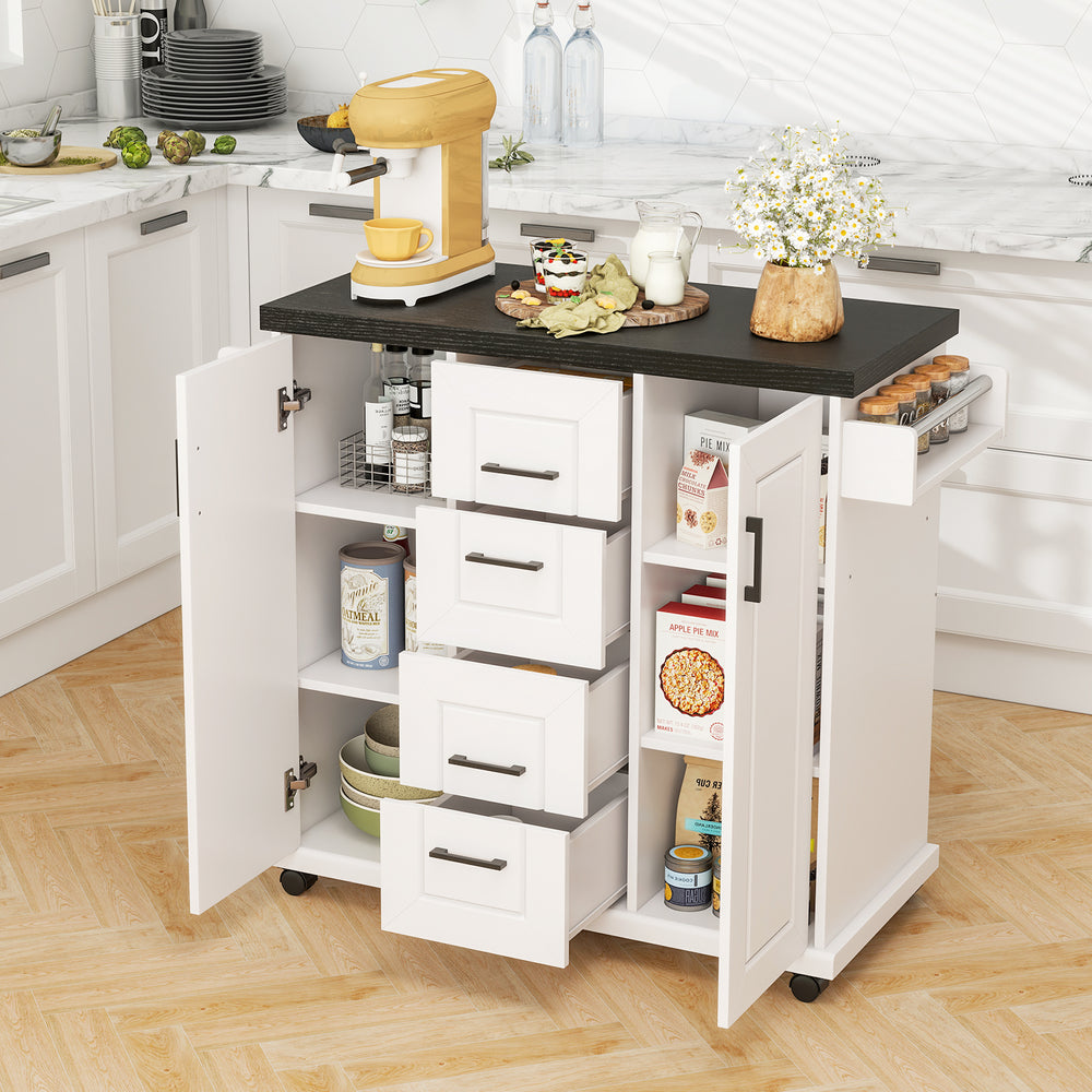 Rolling kitchen island cart in white with storage cabinets, drawers, and a large wood-like countertop for organization.