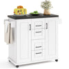 Rolling kitchen island cart in white with storage cabinets, drawers, and a large countertop for organized kitchen use.
