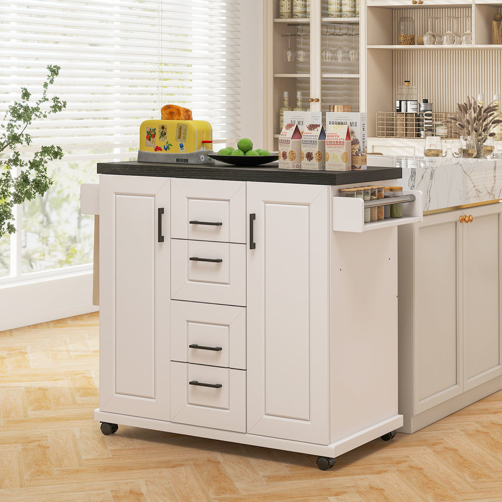 Rolling kitchen island cart featuring a spacious countertop, two cabinets with shelves, and a rustproof towel rack for.