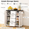 Rolling kitchen island cart with white cabinets, large countertop, spice rack, and four drawers for organized storage.