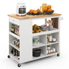 Kitchen island trolley cart on wheels with rubber wood countertop, open shelves, and adjustable storage for versatile.