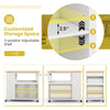 Kitchen island trolley cart with adjustable shelves, rubber wood countertop, and slide-out drawer for versatile storage.