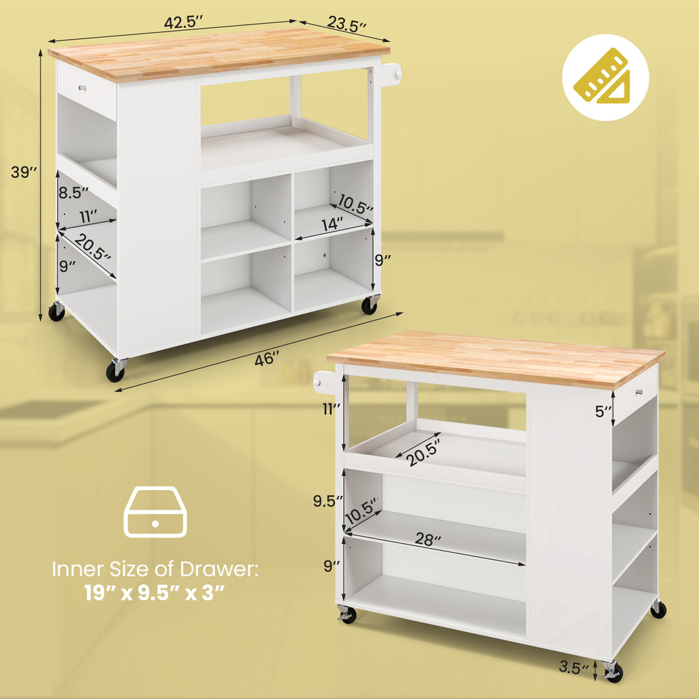 Kitchen island trolley cart with a rubber wood countertop, adjustable shelves, and a slide-out drawer for kitchen.