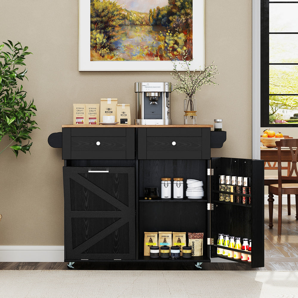Rolling Kitchen Island with Trash Can Cabinet and Rubber Universal Wheels-Black - Gallery View 1 of 10