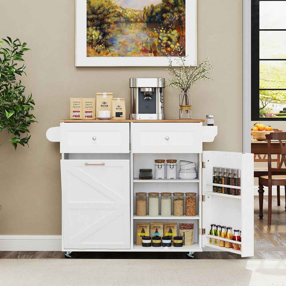 Rolling Kitchen Island with Trash Can Cabinet and Rubber Universal Wheels-White - Gallery View 1 of 10