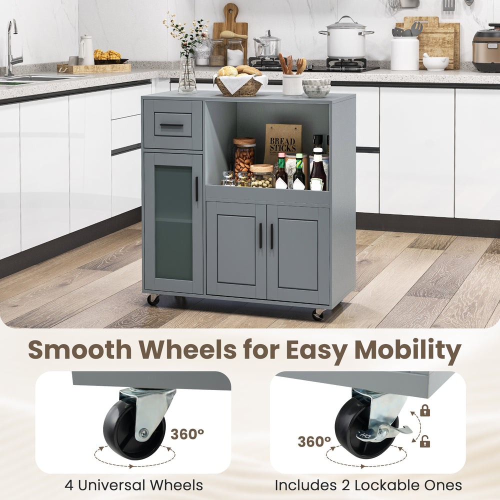 Rolling kitchen island in gray with spacious tabletop, glass door cabinet, and 4 wheels for easy mobility.