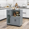 Gray rolling kitchen island with adjustable shelf and cable holes, designed for easy mobility and organized kitchen.