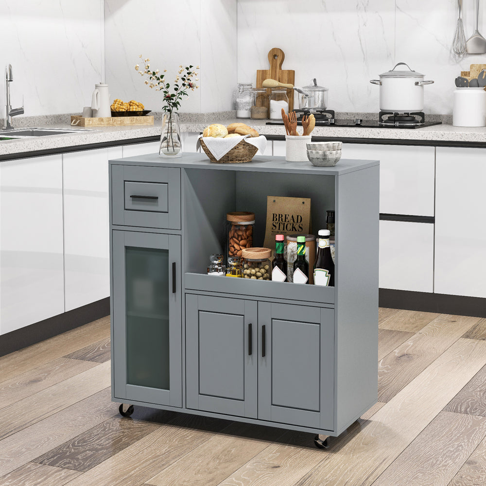 Gray rolling kitchen island with adjustable shelf and cable holes, designed for easy mobility and organized kitchen.