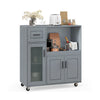 Rolling kitchen island in gray with wheels, drawer, and glass door cabinet for organized culinary storage.