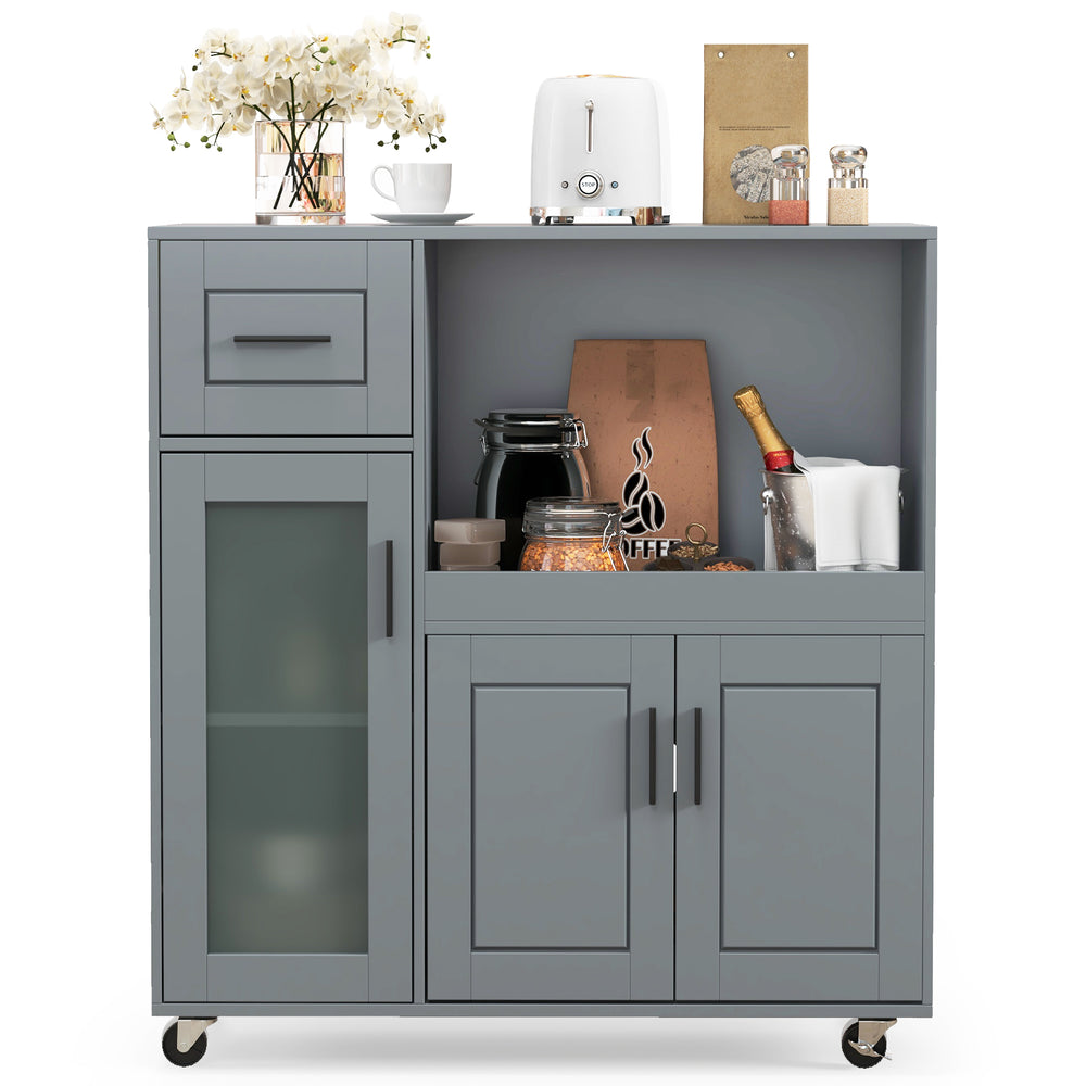 Side view of the gray rolling kitchen island with frosted glass door, showcasing its spacious countertop and organized.