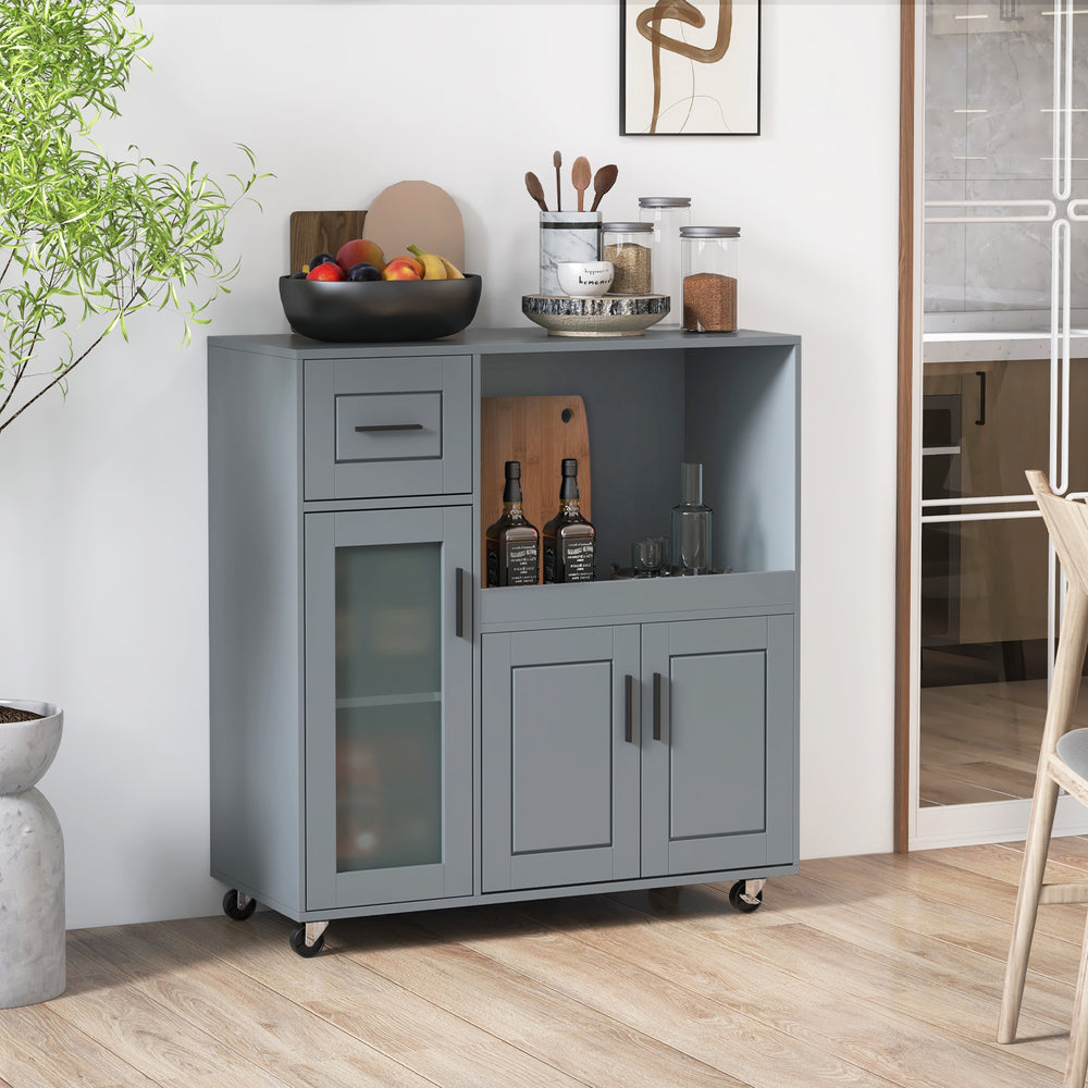 Gray rolling kitchen island with open shelf and frosted glass door, ideal for stylish kitchen organization and mobility.