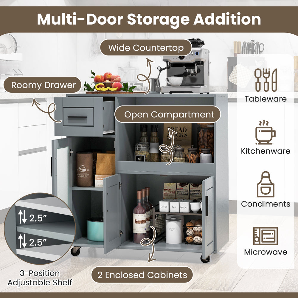 Rolling kitchen island in gray with spacious countertop, drawer, and frosted glass door cabinet for organized storage.