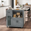 Gray rolling kitchen island with wheels, featuring a drawer, glass door cabinet, and spacious tabletop for culinary use.