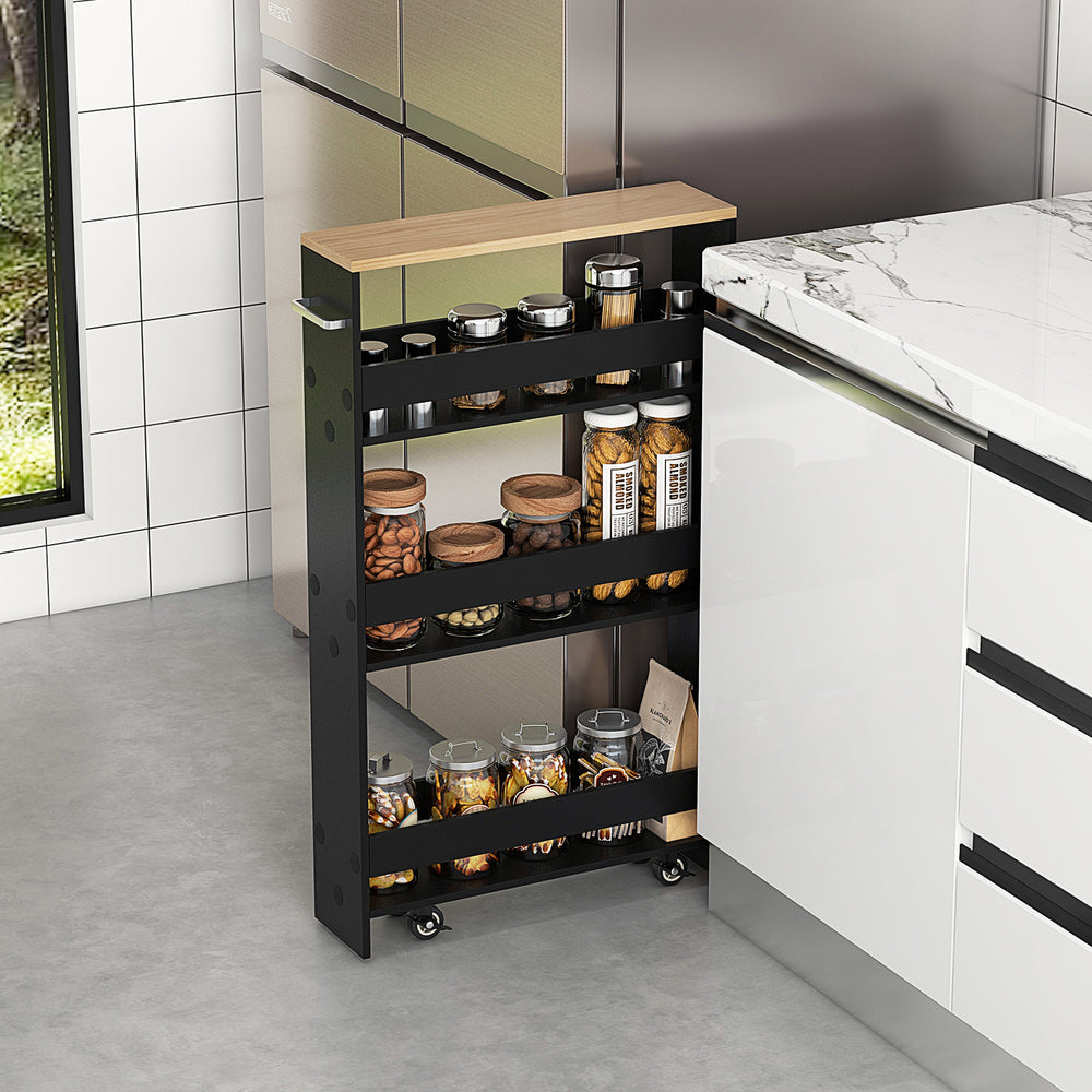 Rolling Kitchen Slim Storage Cart Mobile Shelving Organizer with Handle-Black - Gallery View 1 of 10