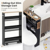 Slim black rolling storage cart with open shelves and side handle, perfect for organizing kitchen or bathroom.