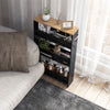Rolling kitchen slim storage cart in black with open shelves, side handle, and lockable casters for easy mobility.