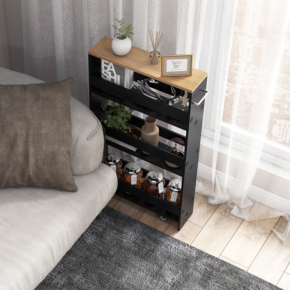 Rolling kitchen slim storage cart in black with open shelves, side handle, and lockable casters for easy mobility.