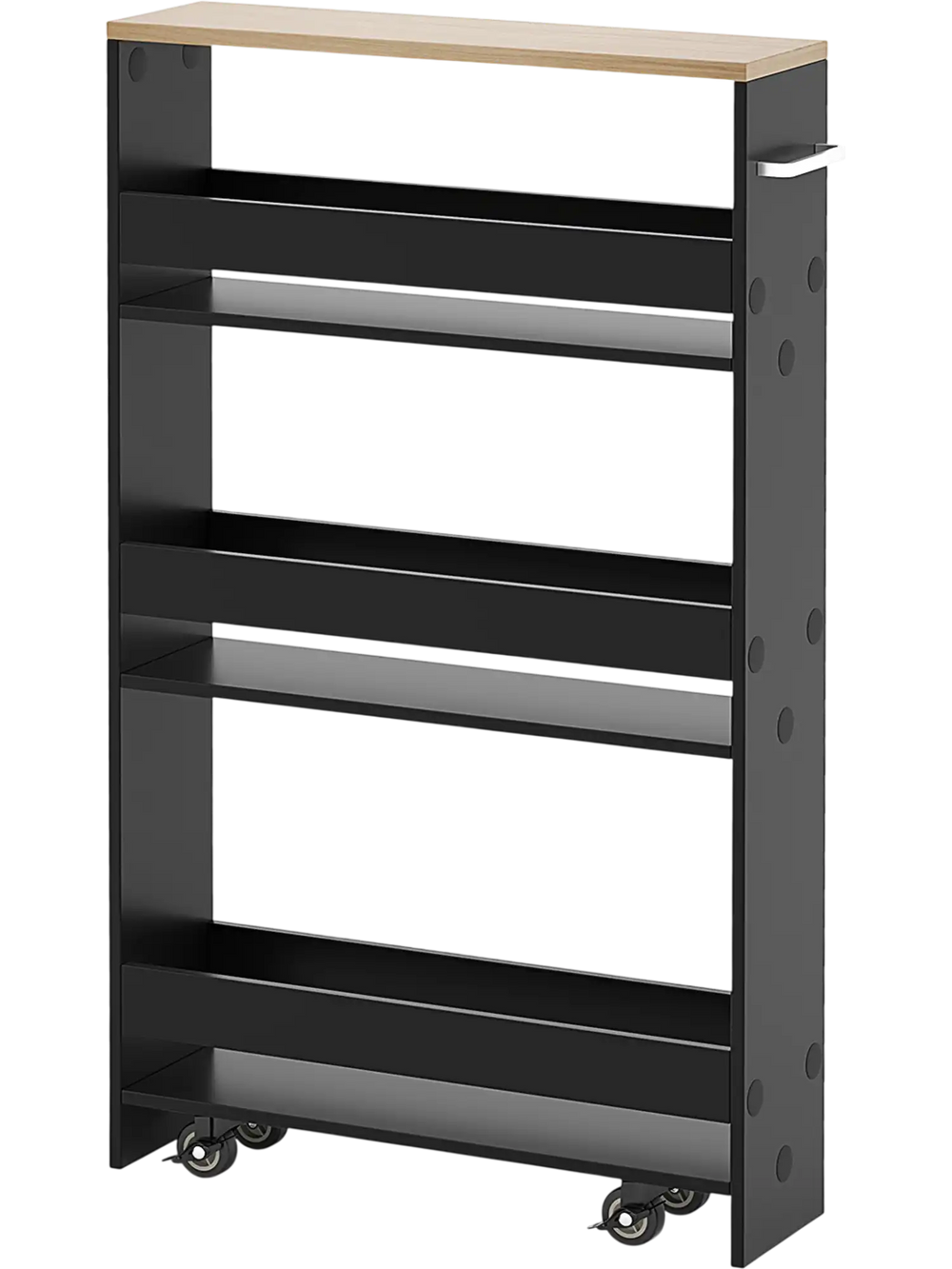 Rolling kitchen slim storage cart in black with open shelves, side handle, and wheels for easy mobility and.