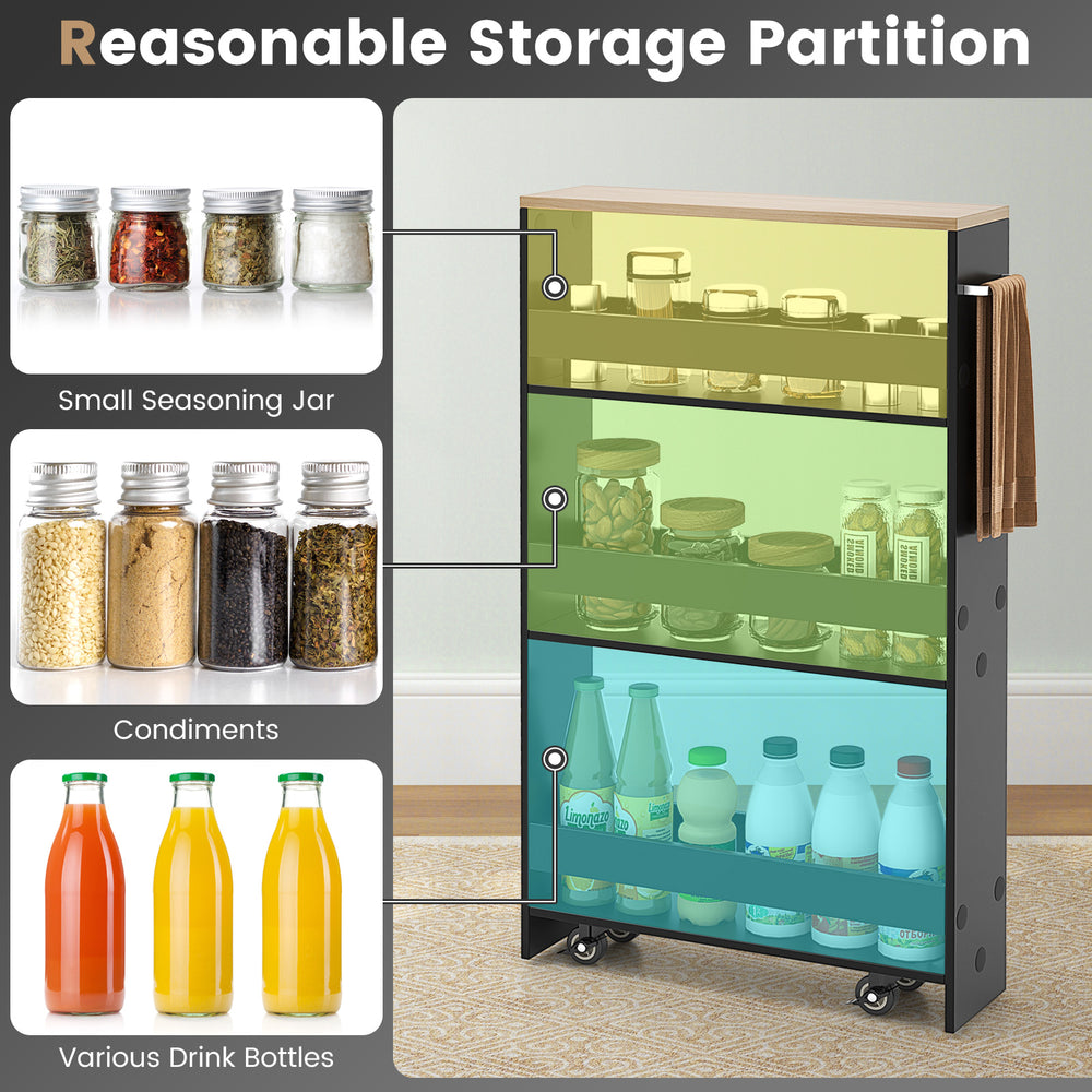 Rolling kitchen slim storage cart in black with open shelves, ideal for organizing spices and drinks in any room.